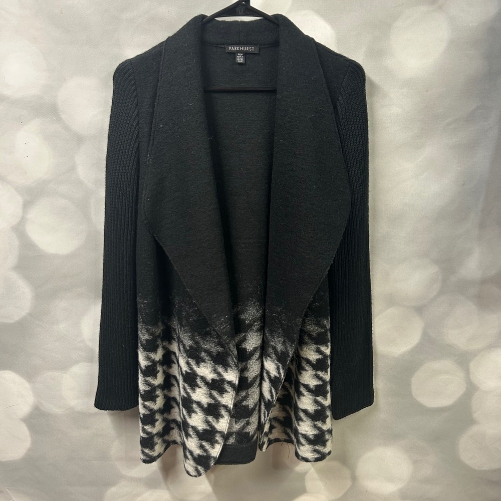 Parkhurst unique black open cardigan with‎ houndstooth edge wool blend
